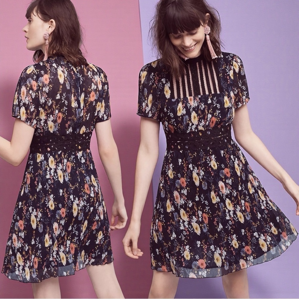 Anthropologie Foxiedox Andora Floral Mini Dress In Navy Blue Size Medium